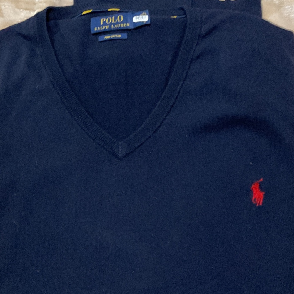Polo by Ralph Lauren Men's V-Neck Sweater in Navy and Red